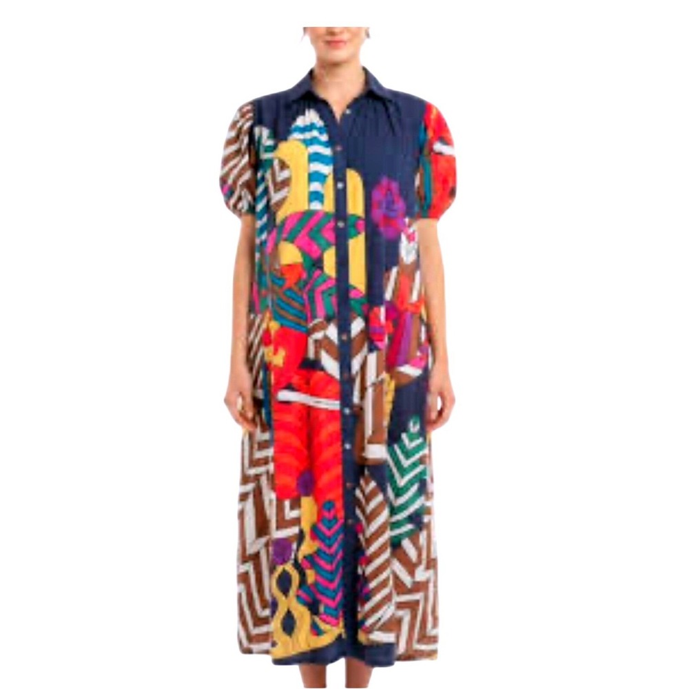Carolina K Midi Shirtdress XS Navy‎ Blue Multi Excellent Abstract Puff Sleeve
